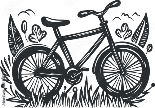 Hand-drawn black and white vector illustration of a bicycle surrounded by nature, ideal for outdoor and fitness-themed designs