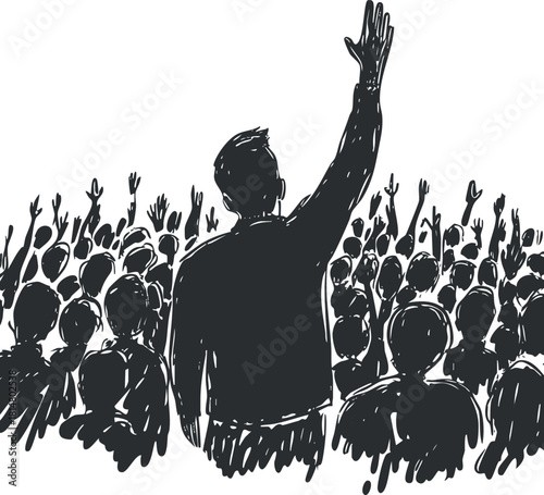 Dynamic vector illustration of a leader addressing a crowd with raised hands, symbolizing engagement and activism.