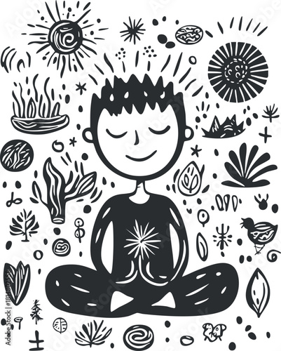 Whimsical vector illustration depicting a meditative figure surrounded by nature-inspired elements, perfect for wellness and mindfulness themes