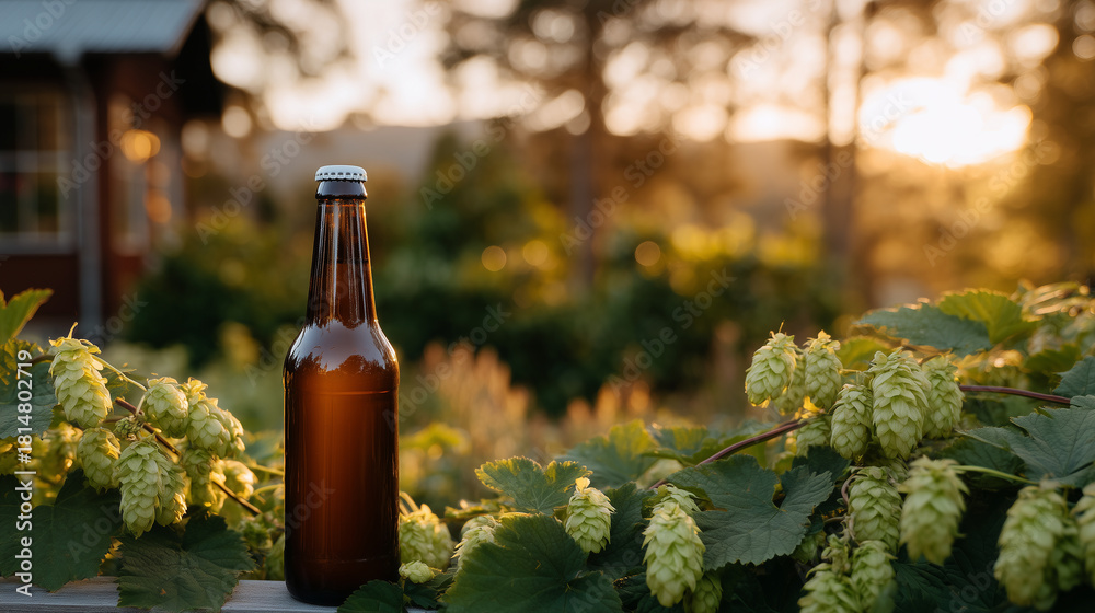 Fototapeta premium Golden-hour farm scene featuring amber beer bottle, hop cones glistening under sun rays, green vines framing the bottle, evoking harvest season and sustainable ingredient sourcing