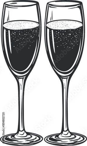 Elegant black and white vector illustration of two champagne glasses filled with sparkling drink for celebrations and events