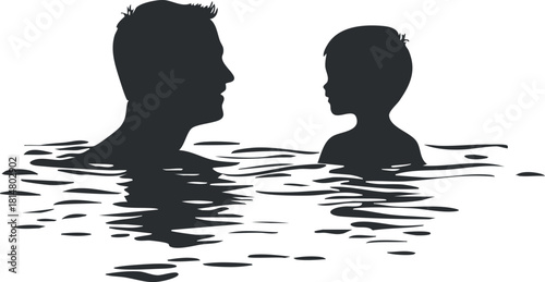 Silhouette vector illustration of a father and child in water, representing family bonding and joyful moments in a minimalist style