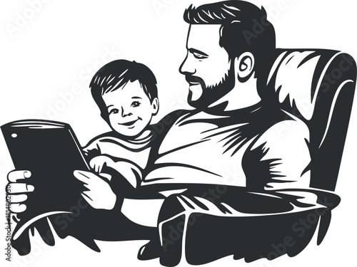 Black and white vector illustration of a father reading with his son, showcasing family bonding and joy in leisure time