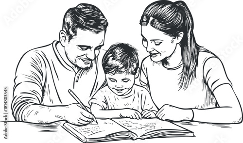 Hand-drawn vector illustration of a family engaging in a creative learning activity together at home