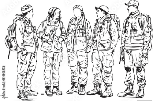 Line art vector illustration of a group of soldiers engaged in conversation, highlighting teamwork and camaraderie in outdoor settings