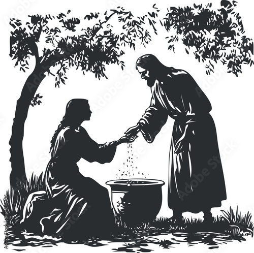 Silhouette vector illustration depicting Jesus interacting with a woman at a well, symbolizing grace and spirituality in a serene outdoor setting.
