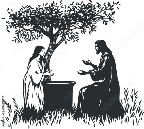 Silhouette vector illustration of Jesus and a woman at a well under a tree, conveying themes of spirituality and faith