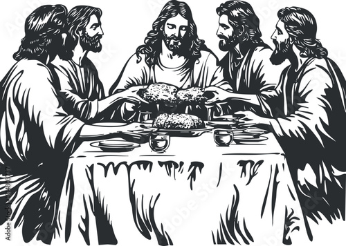 Vintage black and white vector illustration of the Last Supper featuring Jesus and his disciples at a dining table.