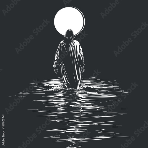Silhouette vector illustration of Jesus walking on water under a bright moon, conveying faith and spirituality.