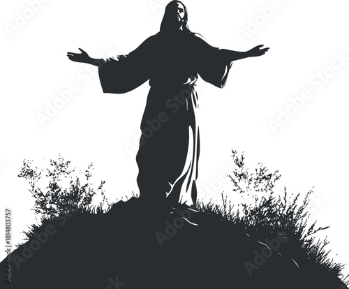 Silhouette vector illustration of Jesus Christ standing on a hill, symbolizing faith and spirituality in a serene landscape.