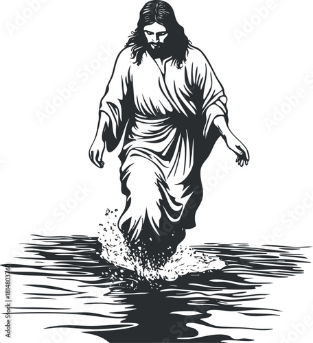Black and white vector illustration of Jesus walking on water, capturing a moment of divine faith and spirituality for religious designs