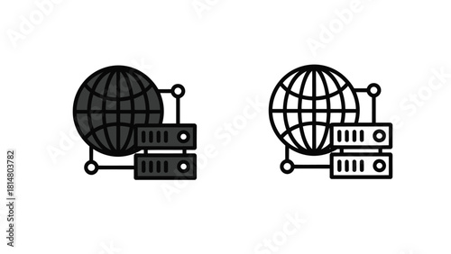 Global Internet Network Server Rack Data Center Icon Set Vector illustration