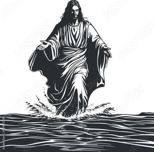 Black and white vector illustration of Jesus walking on water, symbolizing faith and divine presence in spiritual contexts