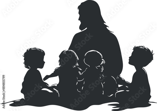 Silhouette vector illustration of Jesus teaching and interacting with children, perfect for religious and spiritual themes.