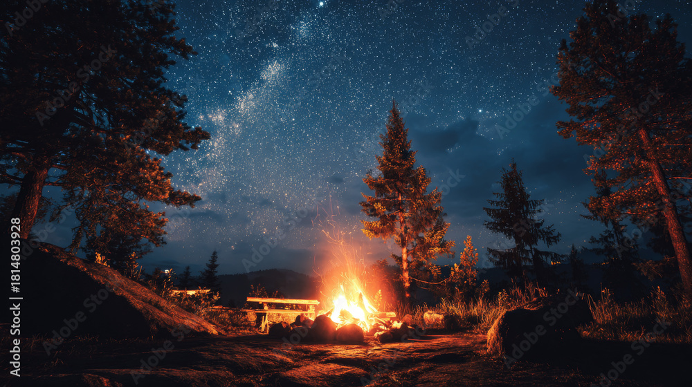 Fototapeta premium Summer night campfire glowing under a starry sky.