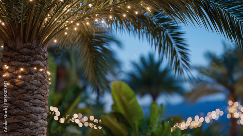 Palm tree trunk adorned with warm incandescent lights, soft ambient glow illuminating nearby leaves, twilight sky setting a magical tropical mood