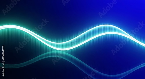 Vibrant abstract glowing light wave with a smooth cyan trail and glossy reflection on a deep blue background, symbolizing energy and motion