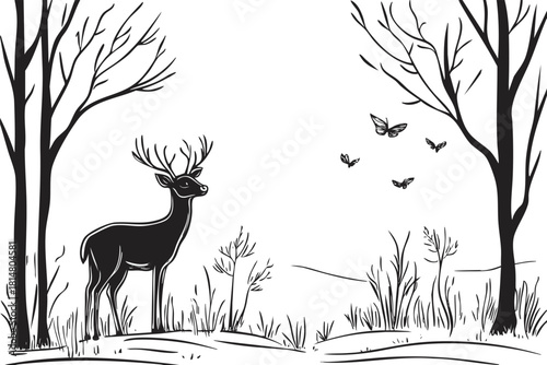 Minimalist black and white vector illustration of a deer in a serene forest landscape with butterflies and trees.