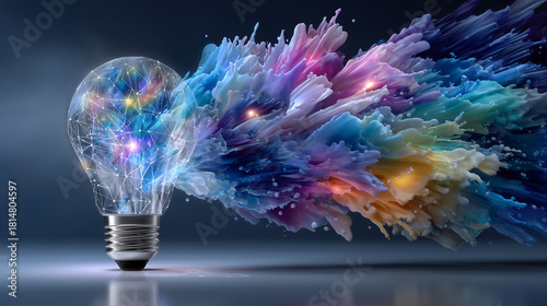 Artistic concept illustration of a luminous lightbulb with colorful dynamic bursts radiating outward, visualizing imagination, idea generation, and brainstorming energy