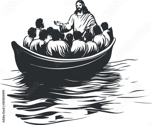 Illustration of Jesus teaching his disciples in a boat, showcasing a serene water scene in a black and white style