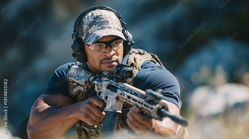 Fototapeta premium Man aims rifle precisely at shooting range targets, wearing ear protection, safety glasses, and cap, focus and concentration visible as he lines up a perfect shot