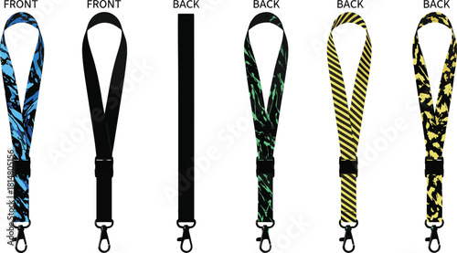 Vector Mockup of Lanyards with Abstract and Striped Patterns, Including Front and Back Views, for Id Badge Holder, Keychain, and Promotional Textile Product Design.