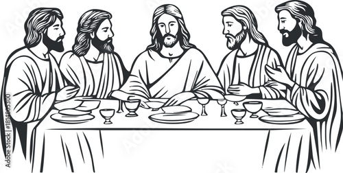 Black and white vector illustration of Jesus and his disciples during the Last Supper, suitable for religious and spiritual contexts.