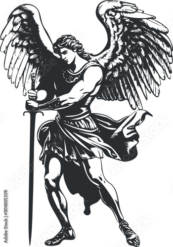 Detailed black and white vector illustration of an archangel with wings wielding a sword, suitable for religious or mythological themes.