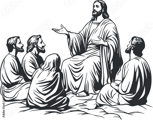 Black and white vector illustration of Jesus teaching his disciples, representing spirituality and biblical teachings for religious contexts
