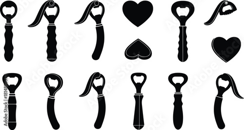 Black Silhouette Bottle Opener and Heart Icons Vector Set: Various Designs of Kitchen Tools and Symbols for Bar Menu, Beverage Industry, and Love Graphic Design Elements.