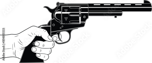 Hand Holding a Revolver Vector Illustration: Black and White Graphic of Vintage Western Handgun, Symbolizing Justice, Law Enforcement, Cowboy Culture, and Firearms Design.
