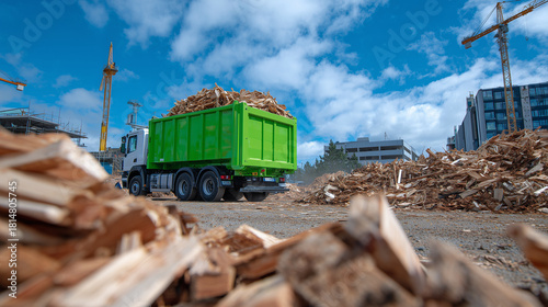 Construction site scene with green skip bin full of wooden scraps, dust around, bright sunny sky, emphasizing collected waste ready for eco-friendly recycling