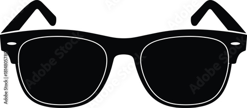 Classic Wayfarer Style Sunglasses Black Silhouette Vector: Retro Eyewear Graphic for Summer Fashion, Travel Blog, Beach Vacation Theme, and Eye Protection Design.