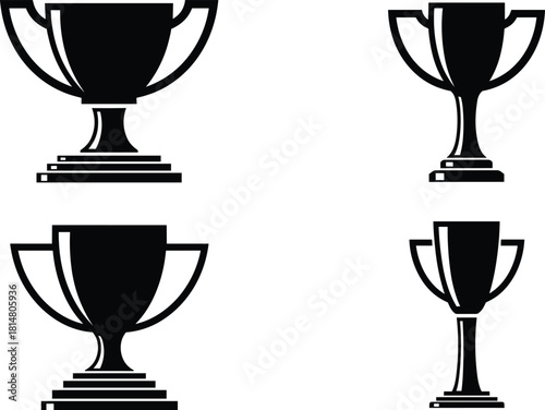 Black Silhouette Trophy Cups Vector Icons Set: Award, Victory, and Achievement Symbols for Sports, Business Competition, Champion Recognition, and Success Graphics Design.