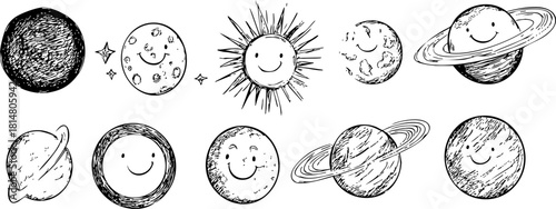 Whimsical hand-drawn vector illustration of smiling celestial bodies including planets, sun, and moon for playful designs