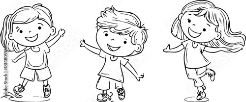 Playful vector illustration of three cheerful children enjoying outdoor activities, perfect for educational materials or children's design projects