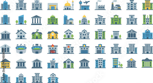A complete vector icon set of buildings and architecture elements, including offices, houses, government facilities, factories, airports, schools, and public services. Perfect for apps, websites, maps