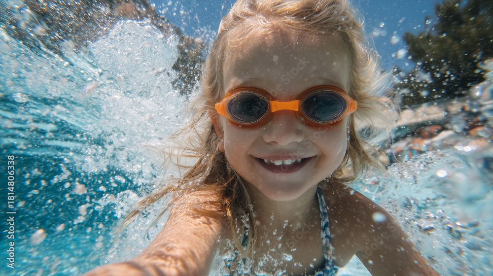Naklejka premium Close-up of blonde child swimming underwater, orange goggles vibrant against blue pool, wide smile, bubbles rising, sunlight shimmering on rippling water surface