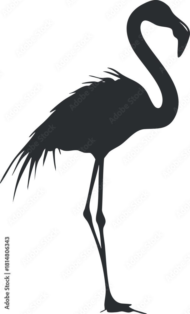 Fototapeta premium Stylized black silhouette vector illustration of a flamingo standing gracefully, ideal for nature-themed designs and decor.