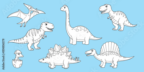 Cartoon dinosaurs, baby dino, T-Rex, Stegosaurus, Brachiosaurus, Pteranodon, Spinosaurus, hatching egg, prehistoric animals, kids graphic, flat vector illustration