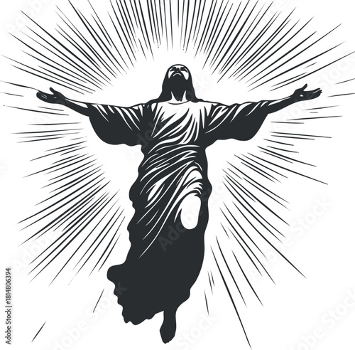Stylized black and white vector illustration of Jesus Christ radiating light, symbolizing faith and spirituality for religious contexts