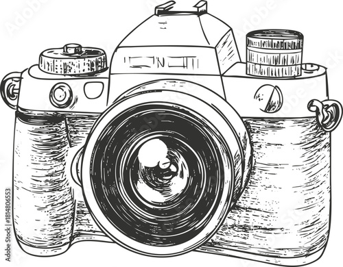 Detailed hand-drawn vector illustration of a vintage camera with intricate features and design elements for photography-themed projects