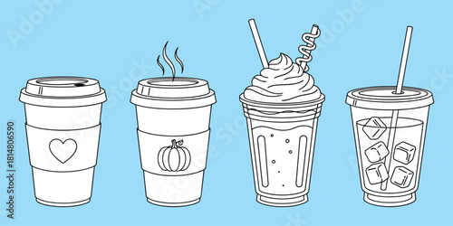 Hot drink cup, pumpkin latte, whipped smoothie, iced beverage, coffee to go, seasonal drinks, vector icons, cafe menu, flat vector illustration