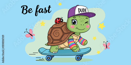 Skateboarding turtle, cartoon character, purple cap, ladybug shell, be fast quote, playful design, kids art, flat vector illustration