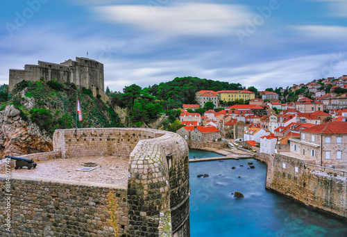 Fototapeta Naklejka Na Ścianę i Meble -  Long exposure of St. Lawrence Fortress, cove and Bokar Tower, Dubrovnik, Croatia