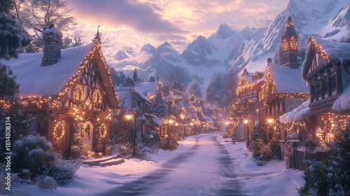 Winter Village Covered in Snow With Holiday Lights and Majestic Mountains in ...