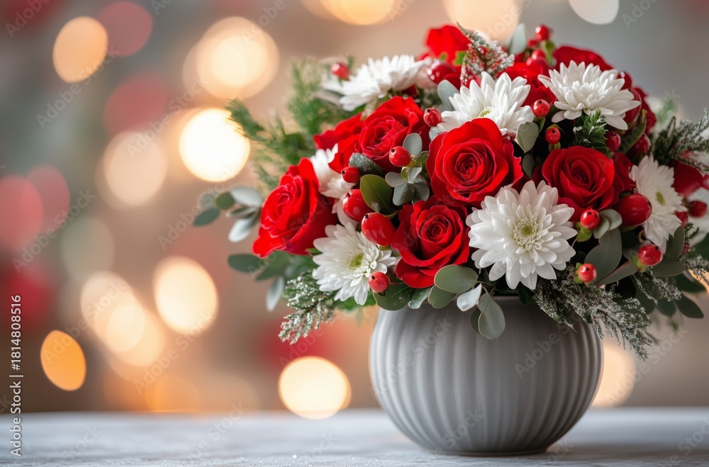Fototapeta premium Beautiful Floral Arrangement With Red Roses and White Daisies in a Modern Vase