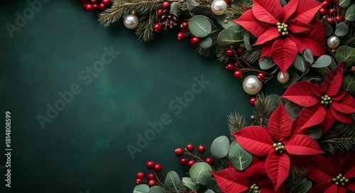 Festive Poinsettia Flowers and Holiday Decorations on a Green Background for ...