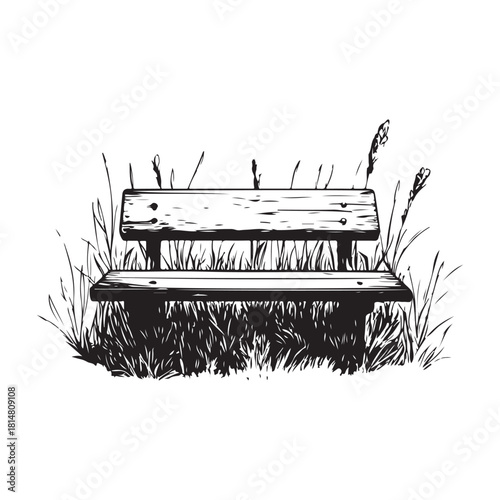 wooden park bench with grass and flowers silhouette