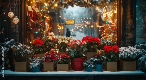 Colorful Winter Flowers in a Festive Shop Window During the Holiday Season